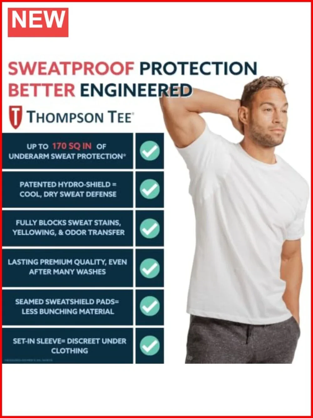 Sweatproof Cotton Crew Neck Undershirt for Men, Blocks Sweat & Stains